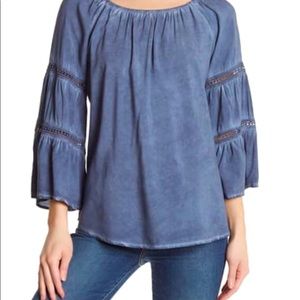 Washed Bell Sleeve Scoop Neck Blouse -M